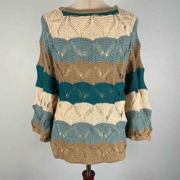 Multicolor Open-Knit Striped Women’s Sweater - Teal, Cream, Tan - Picture 2 of 2
